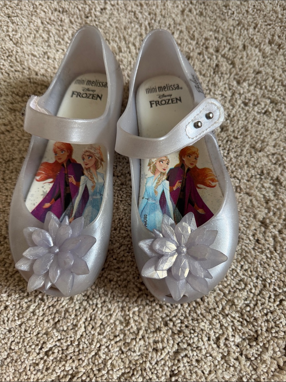 Mini Melissa Silver Frozen Mary Jane Shoes with Decorative Flower